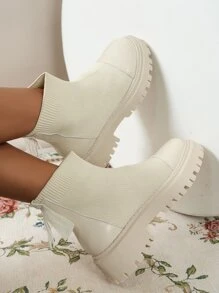 Women's Fringe Decor Slip On Sock Boots, Fashion Outdoor Boots - Beige - View 5