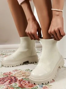 Women's Fringe Decor Slip On Sock Boots, Fashion Outdoor Boots - Beige - View 6