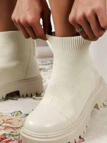 Women's Fringe Decor Slip On Sock Boots, Fashion Outdoor Boots - Beige - View 7