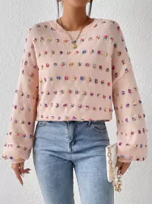 SHEIN Essnce Jersey de hombros caídos de punto de palomita de maíz - Rosa coral - Ver 1