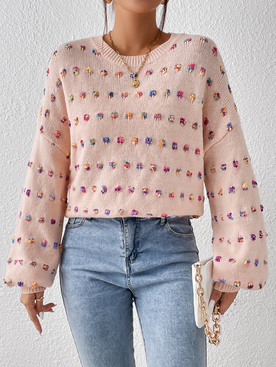 SHEIN Essnce Jersey de hombros caídos de punto de palomita de maíz - Rosa coral - Ver 1