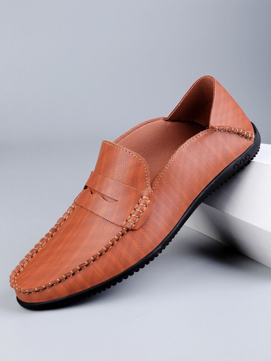 Men Stitch Detail Slip-On Driving Loafers - Rust Brown - View 1