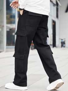 Manfinity Men Flap Pocket Cargo Jeans - Black - View 2