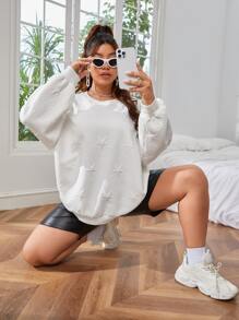 SHEIN EZwear Plus Drop Shoulder Star Pattern Sweatshirt - White - View 1