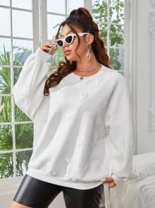 SHEIN EZwear Plus Drop Shoulder Star Pattern Sweatshirt - White - View 4