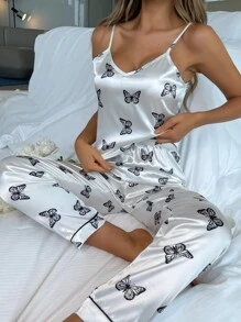 Conjunto de pijama/pijama de satén con estampado de mariposa - Blanco - Ver 5