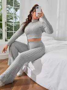 SHEIN EZwear Plus Mock Neck Crop Top & High Waist Trousers - Light Grey - View 1