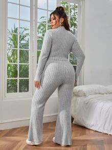 SHEIN EZwear Plus Mock Neck Crop Top & High Waist Trousers - Light Grey - View 2