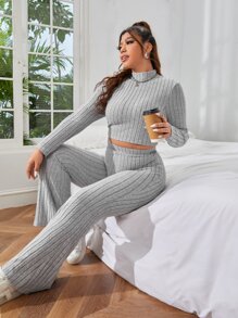 SHEIN EZwear Plus Mock Neck Crop Top & High Waist Trousers - Light Grey - View 3