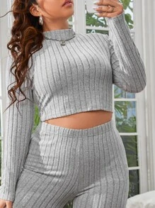 SHEIN EZwear Plus Mock Neck Crop Top & High Waist Trousers - Light Grey - View 5