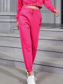 SHEIN LUNE Solid Drawstring Waist Sweatpants - Hot Pink - View 1