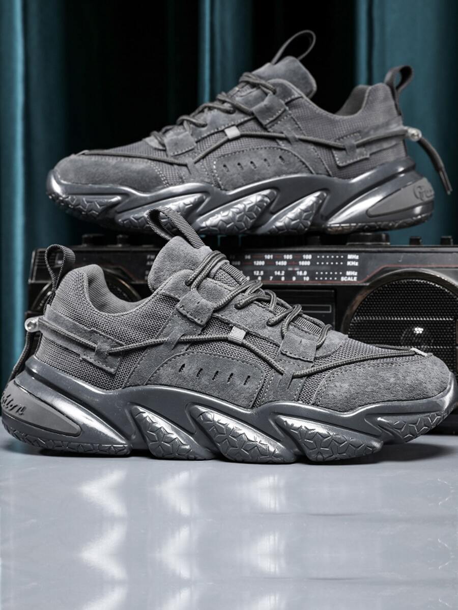 Men Drawstring Detail Lace-up Front Chunky Sneakers - Grey - View 1