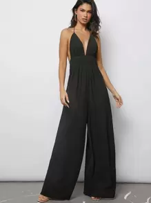 SHEIN BAE Plunging Neck Tied Backless Wide Leg Jumpsuit - Black - View 1