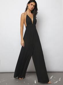 SHEIN BAE Plunging Neck Tied Backless Wide Leg Jumpsuit - Black - View 3