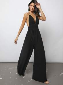SHEIN BAE Plunging Neck Tied Backless Wide Leg Jumpsuit - Black - View 5