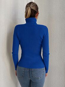 Cloudara Solid Turtleneck Ribbed Knit Jumper - Royal Blue - View 2