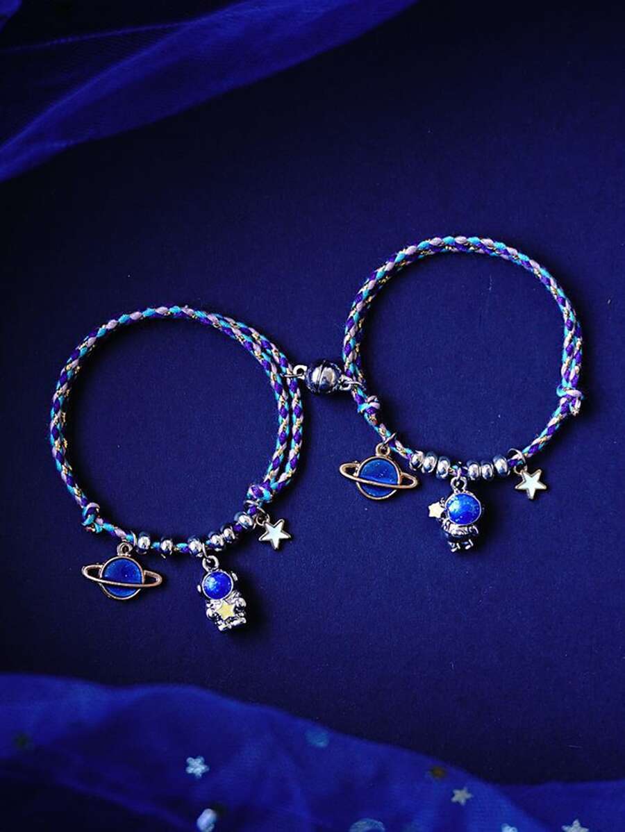 2 件趣味太空宇航员抓星吊坠友谊情侣配对手链 - 彩色 - 查看 1
