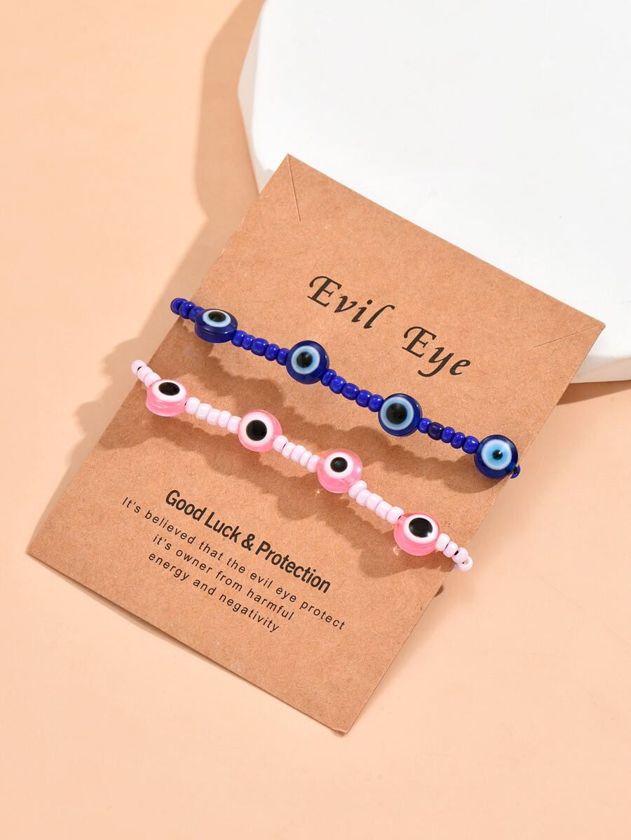 2pcs/set Couple Evil Eye Decor Beaded Bracelet - Multicolor - View 1