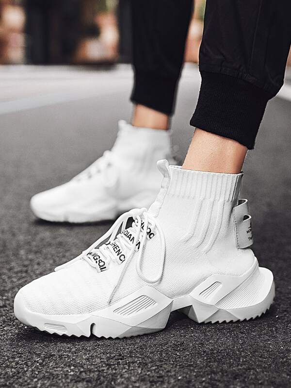 Men Letter Graphic High Top Sock Sneakers, Men's White Knit Running