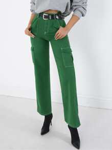 EURMUSE Flap Pocket Cargo Trousers Without Belt - Green - View 1