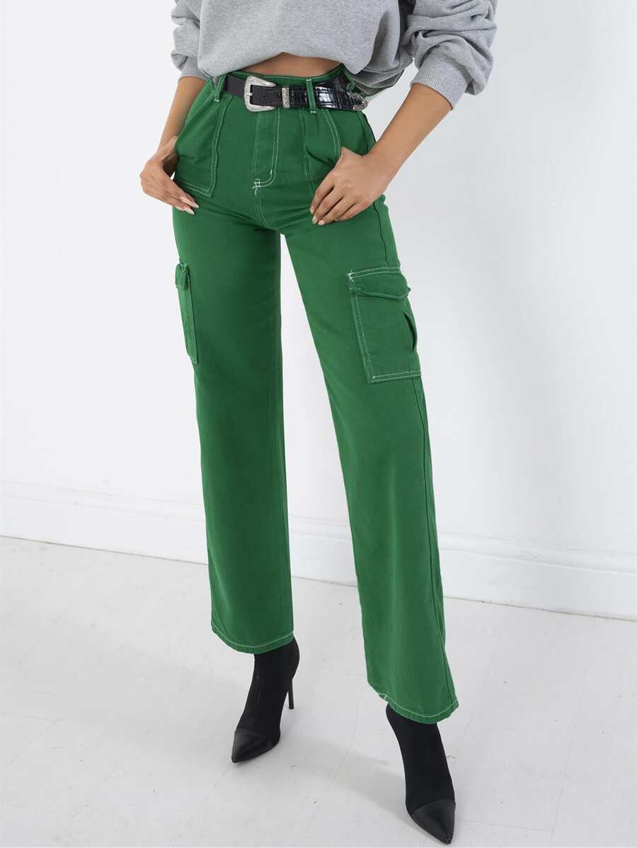 EURMUSE Flap Pocket Cargo Trousers Without Belt - Green - View 1