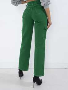 EURMUSE Flap Pocket Cargo Trousers Without Belt - Green - View 2