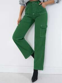 EURMUSE Flap Pocket Cargo Trousers Without Belt - Green - View 5