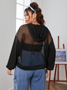 SHEIN EZwear Plus Size Fishnet Insert Drop Shoulder Drawstring Sweatshirt - Black - View 2