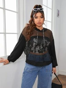 SHEIN EZwear Plus Size Fishnet Insert Drop Shoulder Drawstring Sweatshirt - Black - View 4