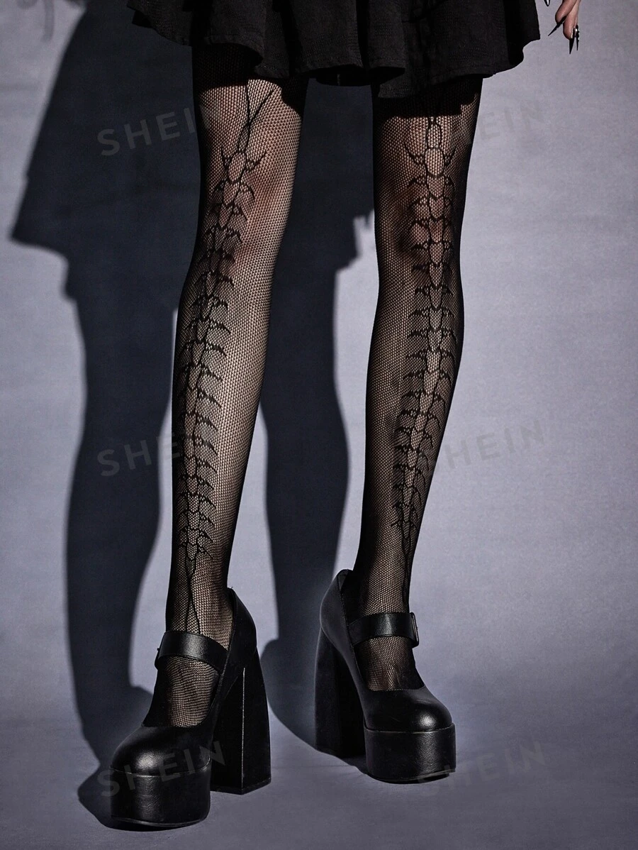 Goth Fischnetzstrumpfhose mit Tausendfüßler Muster, - Schwarz - Übersicht 1