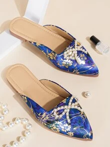 Floral Pattern Faux Pearl & Bow Decor Point Toe Satin Flat Mules - Multicolor - View 1