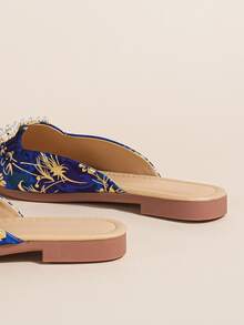 Floral Pattern Faux Pearl & Bow Decor Point Toe Satin Flat Mules - Multicolor - View 3