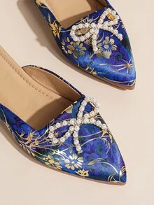 Floral Pattern Faux Pearl & Bow Decor Point Toe Satin Flat Mules - Multicolor - View 5