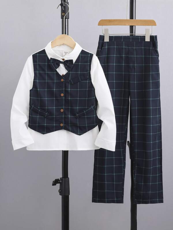 SHEIN Kids FANZEY Tween Boy Plaid Print Bow Front 2 In 1 Shirt & Trousers SHEIN UK