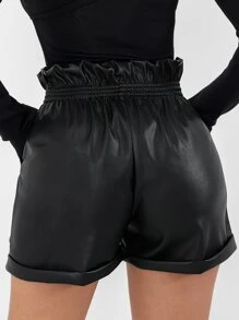 EURMUSE Paperbag Waist Roll Up Hem PU Shorts - Black - View 1