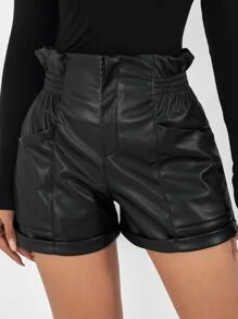EURMUSE Paperbag Waist Roll Up Hem PU Shorts - Black - View 2