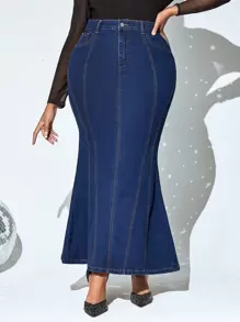 SHEIN SXY váy ngắn denim kích thước lớn Túi Dây kéo Nút màu trơn - Rửa tối - Xem 1