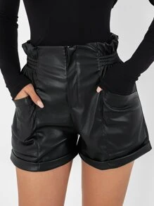 EURMUSE Paperbag Waist Roll Up Hem PU Shorts - Black - View 3