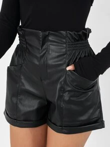 EURMUSE Paperbag Waist Roll Up Hem PU Shorts - Black - View 4