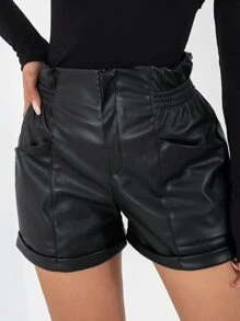 EURMUSE Paperbag Waist Roll Up Hem PU Shorts - Black - View 5