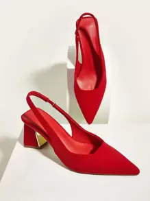 Zapatos de tacón rojo neón con punta en punta para mujer, zapatos de tacón grueso con tira trasera