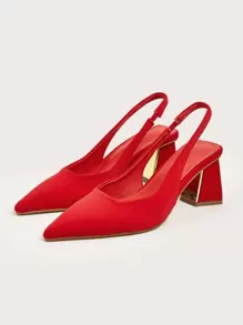 Zapatos de tacón rojo neón con punta en punta para mujer, zapatos de tacón grueso con tira trasera