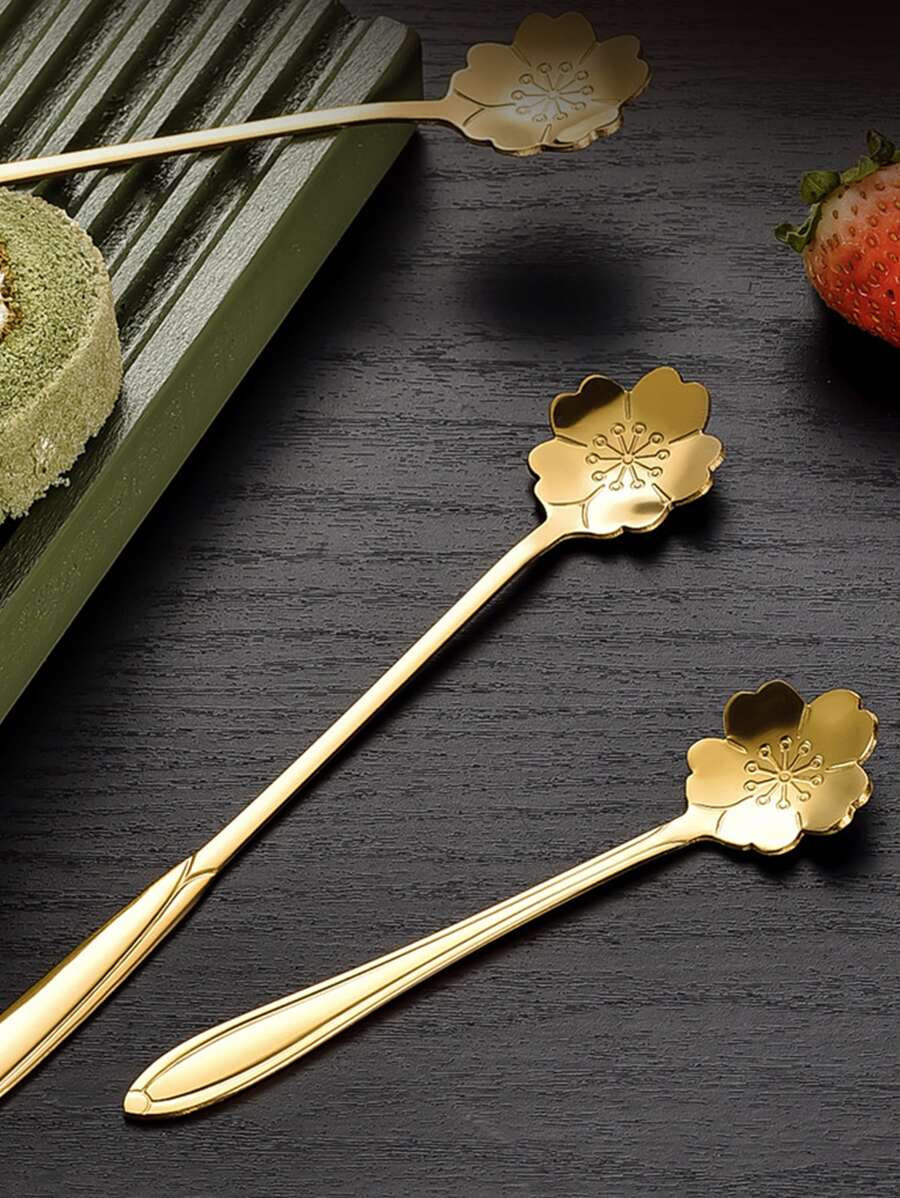1入組花朵設計不銹鋼金色創意咖啡攪拌勺適用於甜品蜂蜜