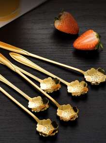 1入組花朵設計不銹鋼金色創意咖啡攪拌勺適用於甜品蜂蜜