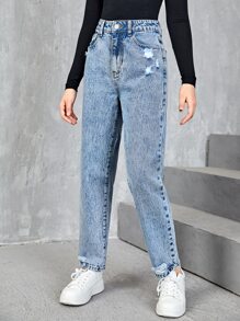 SHEIN Teen Girls Ripped Slant Pocket Jeans - Light Wash - View 6