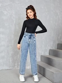 SHEIN Teen Girls Ripped Slant Pocket Jeans - Light Wash - View 3