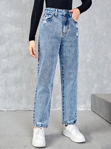 SHEIN Teen Girls Ripped Slant Pocket Jeans - Light Wash - View 5