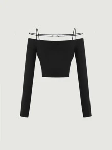 SHEIN MOD Áo thun dệt kim có gân lạnh có dây buộc bằng kim loại, đi chơi hàng đầu - màu đen - Xem 8