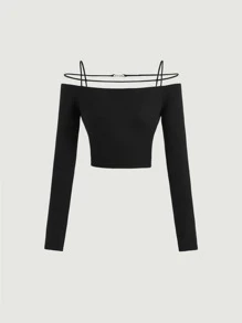 SHEIN MOD Áo thun dệt kim có gân lạnh có dây buộc bằng kim loại, đi chơi hàng đầu - màu đen - Xem 2