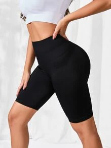 Easithlete Solid Wide Waistband Sports Shorts - Black - View 3